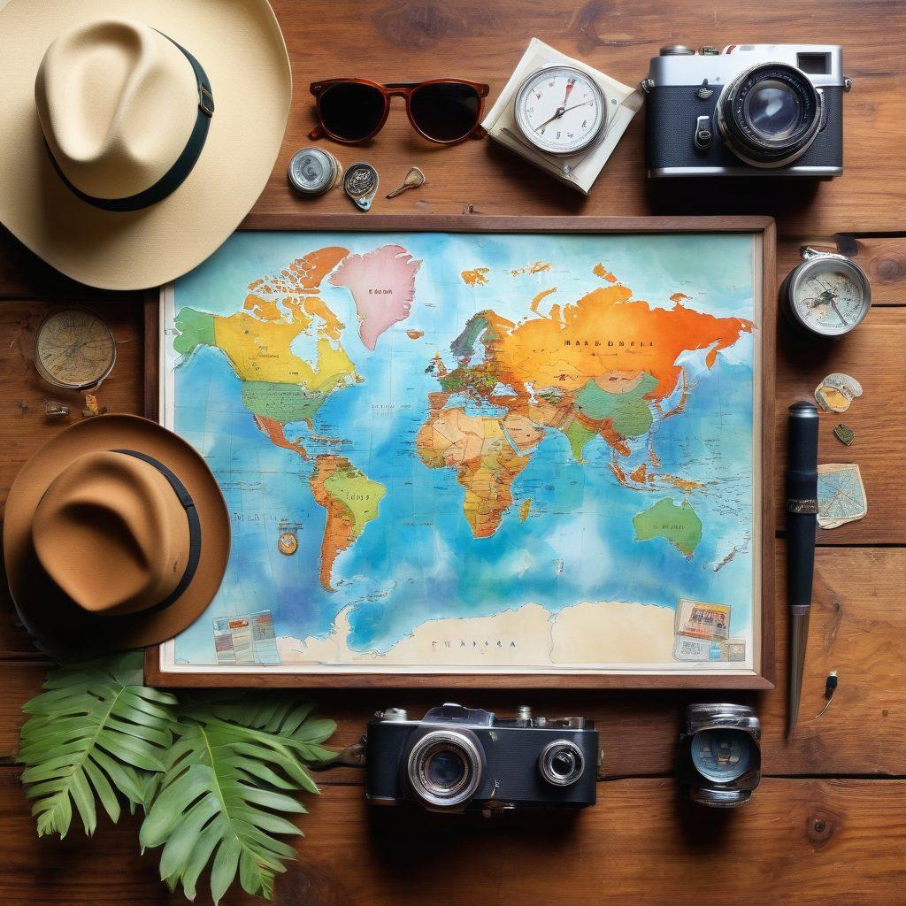 A beautifully designed travel itinerary spread across a wooden table, featuring a world map, vibrant destination images, a compass, and colorful pins marking locations. The scene captures elements of adventure with a journal, a camera, and travel essentials like sunglasses and a hat. Soft natural lighting enhances the warmth and excitement of travel planning. watercolor painting. vibrant colors.