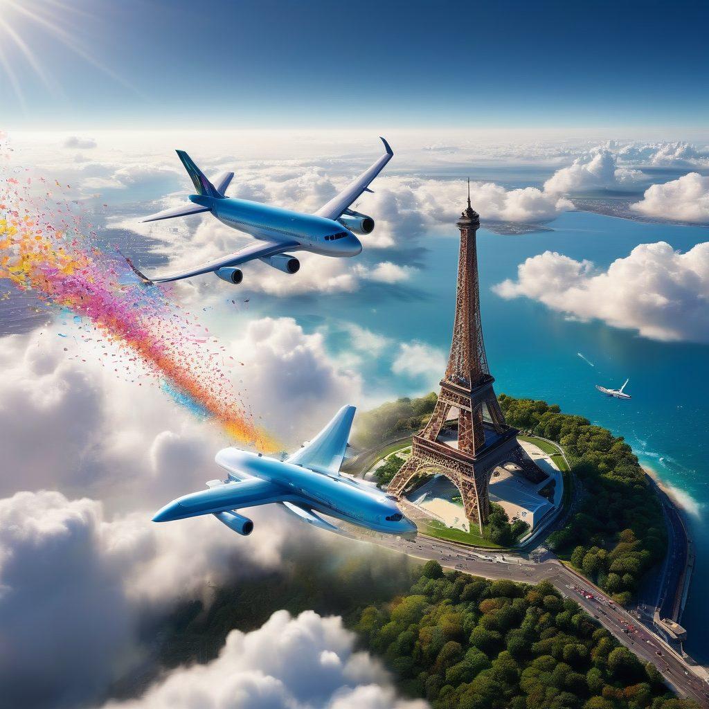 A breathtaking view of a dynamic airplane soaring through a vibrant sky filled with fluffy clouds, with iconic landmarks in the distance representing global travel destinations. Below, a lush landscape unfolds, combining mountains, oceans, and cities, illustrating adventure and exploration. The airplane's trail leaves a whimsical wake of colorful confetti-like particles, symbolizing joy and freedom. super-realistic. vibrant colors. white background.