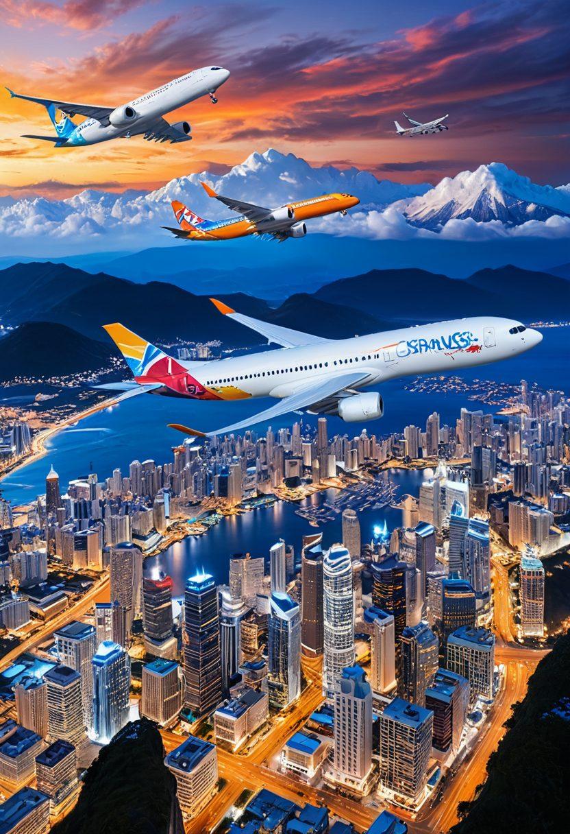 A breathtaking landscape showcasing various iconic destinations such as tropical beaches, majestic mountains, and bustling cities, all connected by colorful airplane trails. In the foreground, a diverse group of travelers is joyfully planning their next adventure with maps and travel guides. The sky is a brilliant blue filled with fluffy clouds and soaring airplanes. The overall scene radiates excitement and wanderlust. vibrant colors. super-realistic.